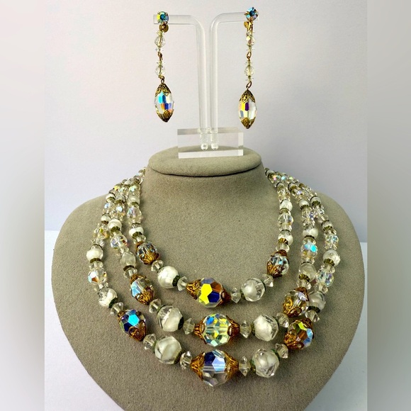 Frosted glass AB crystal necklace with earrings set - Picture 1 of 5